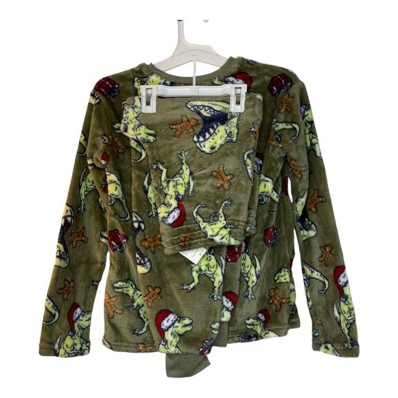 Cat & Jack New Santa T-rex Olive Garden Fleece Jogger Pajamas Size M (8) - Picture 3 of 4